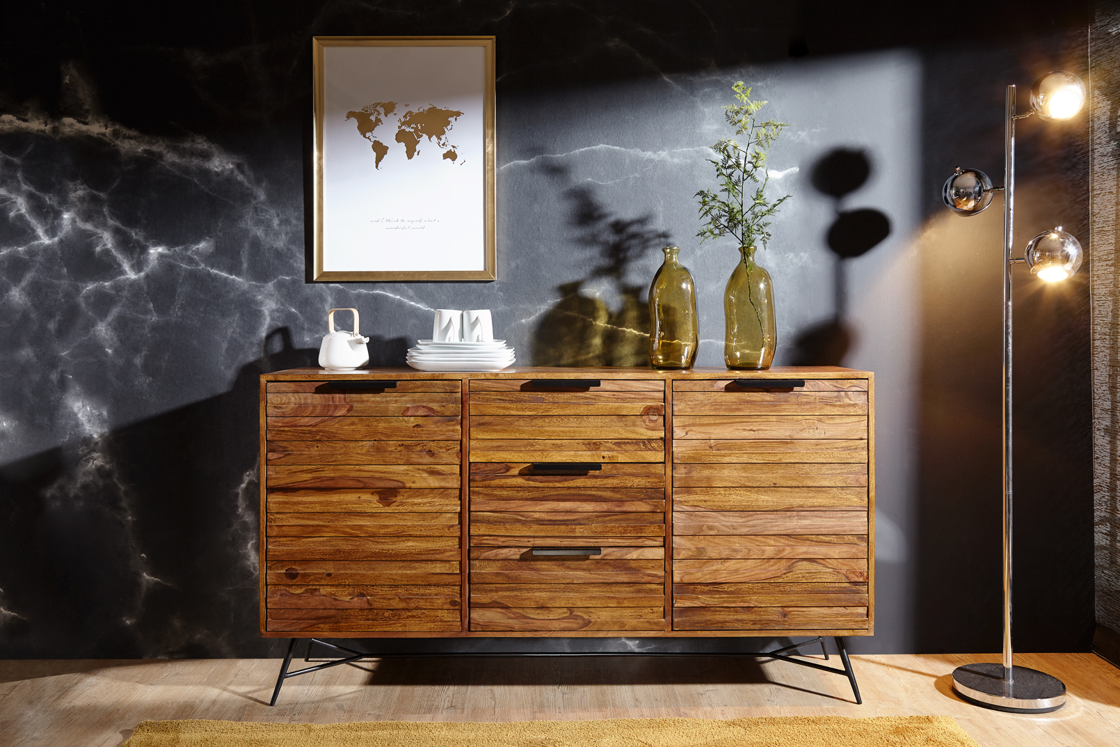 Massivholz Sideboard 160cm Sheesham Kommode mit 2 Türen & 3 Schubladen Industrial Design Metall schwarz – Ansicht 5
