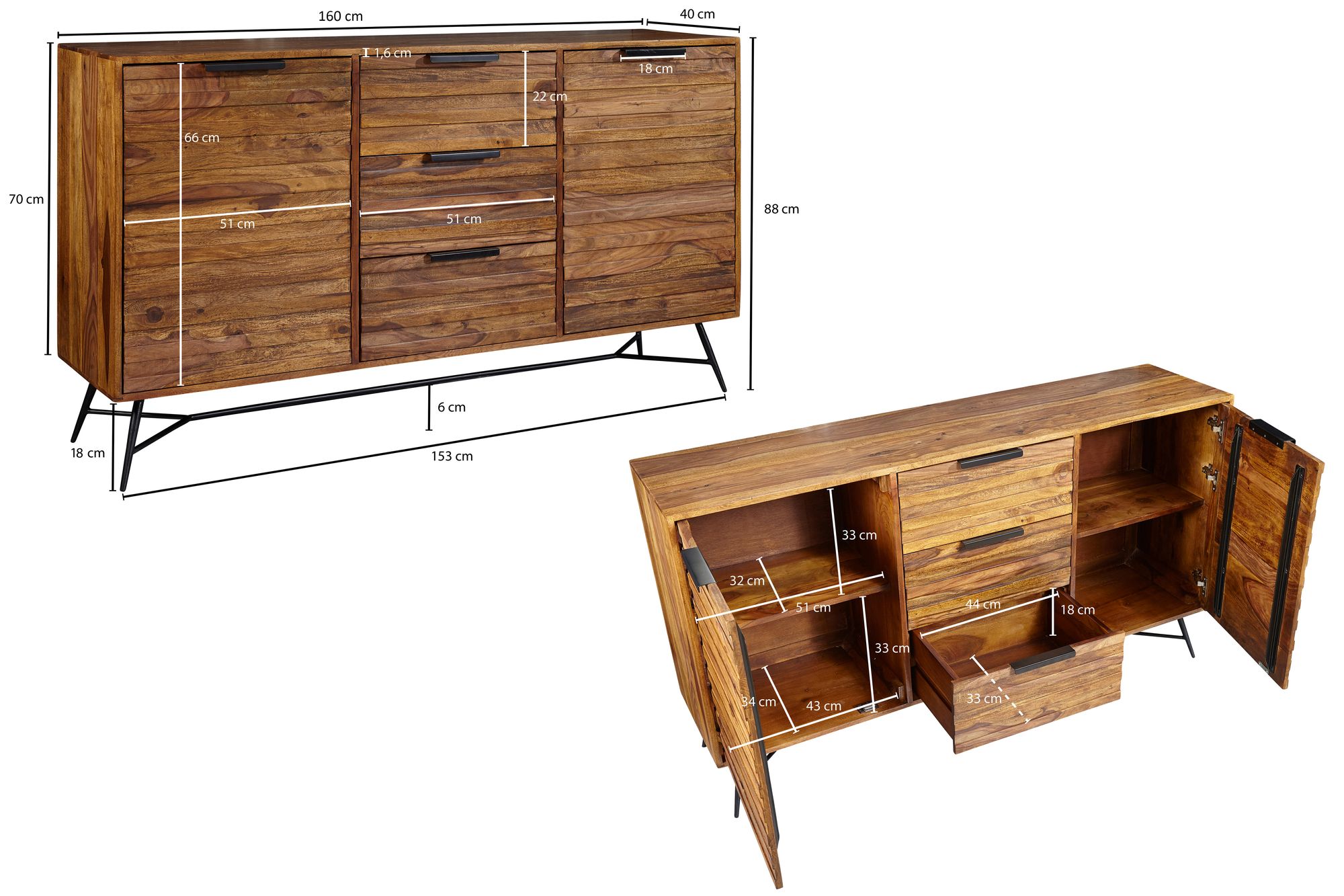 Massivholz Sideboard 160cm Sheesham Kommode mit 2 Türen & 3 Schubladen Industrial Design Metall schwarz – Ansicht 3
