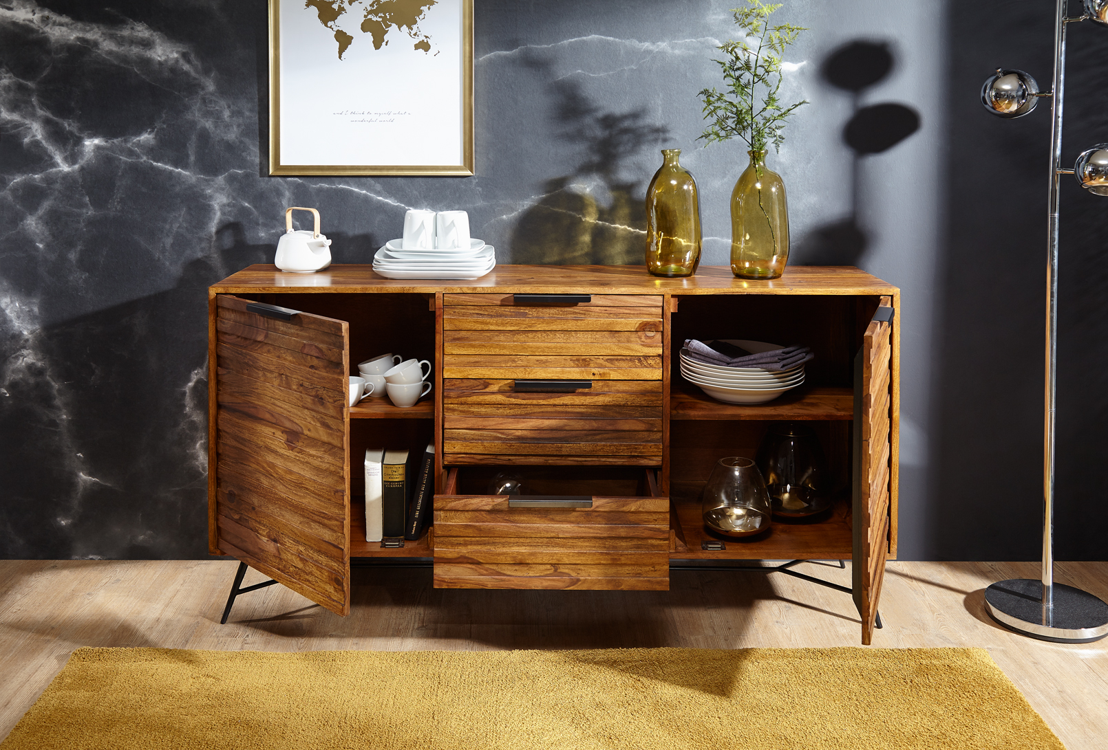 Massivholz Sideboard 160cm Sheesham Kommode mit 2 Türen & 3 Schubladen Industrial Design Metall schwarz – Ansicht 2