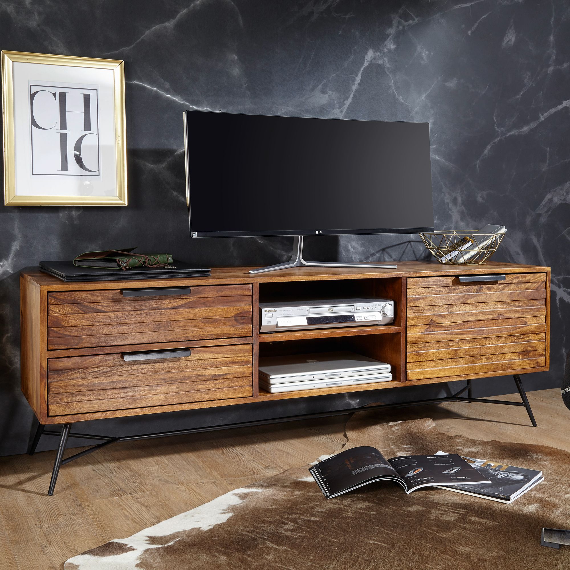 FineBuy Lowboard Sheesham Massiv Holz Hifi Board Fernsehschrank Wohnzimmer – Ansicht 1