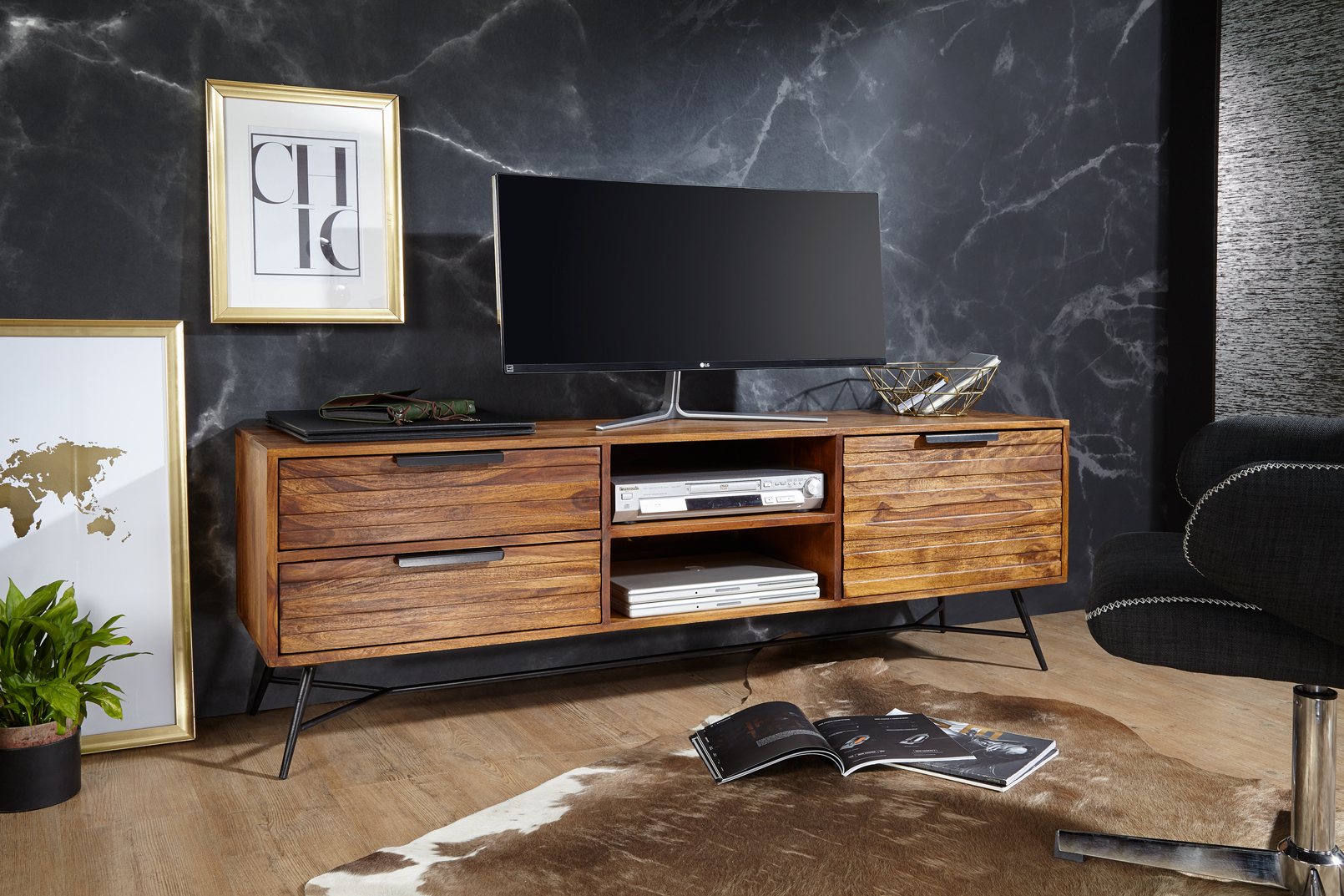 FineBuy Lowboard Sheesham Massiv Holz Hifi Board Fernsehschrank Wohnzimmer – Ansicht 5