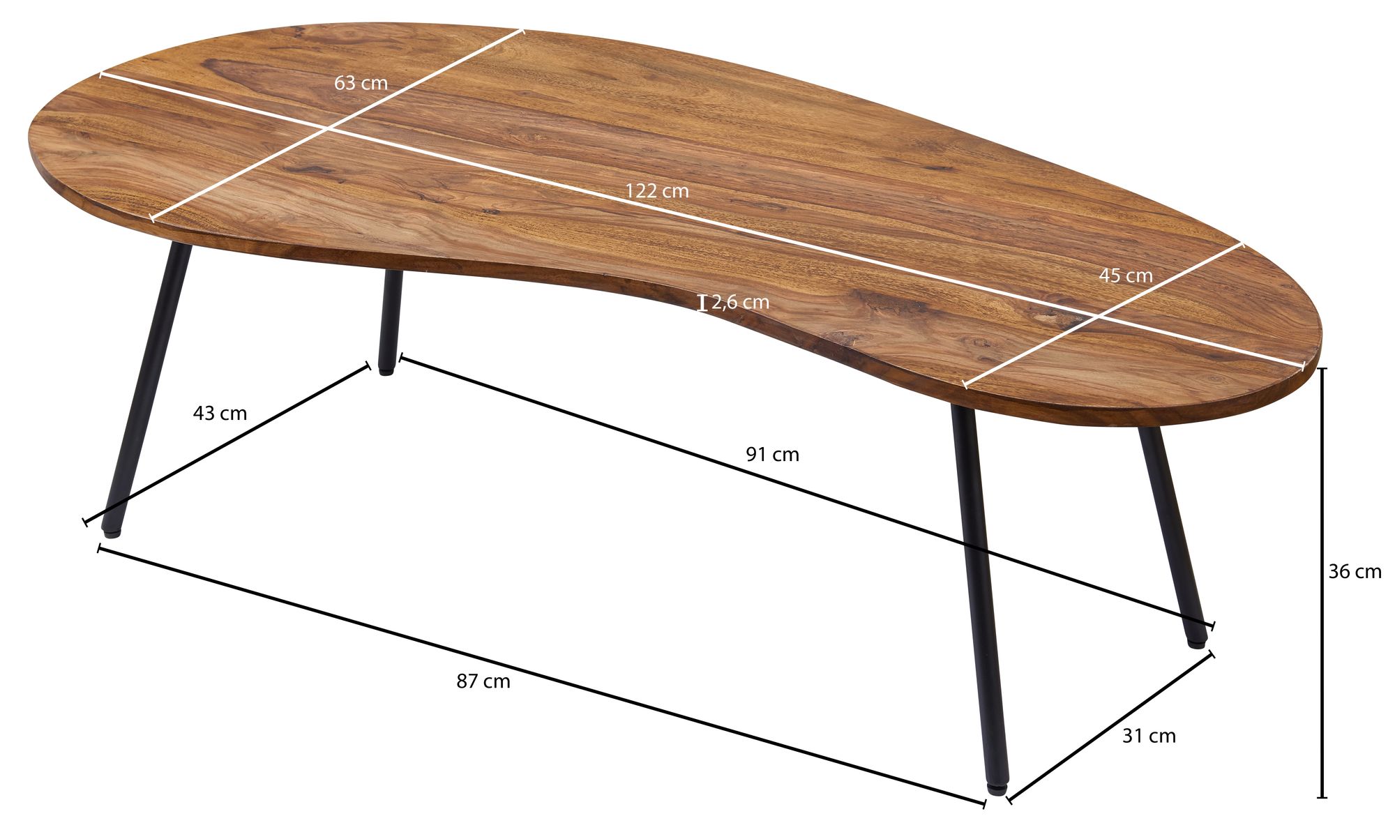 FineBuy Couchtisch FB50927 122x36x63cm Sheesham Nierentisch Tischbeine Metall – Ansicht 3