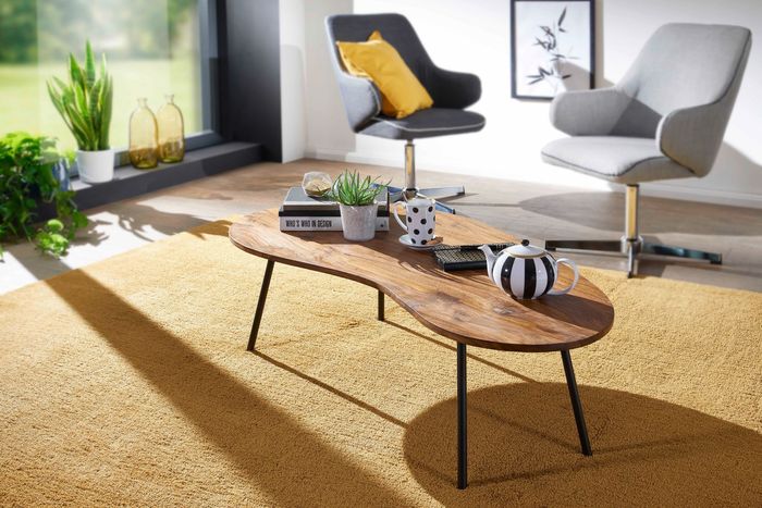 FineBuy Design Couchtisch FB50927 122 x 36 x 63 cm Sheesham mit Metallbeinen schwarz, Nierentisch Massivholz, Holztisch Tischbeine Metall, Cooler Massivholztisch, Tisch Flach modern 4250950286009