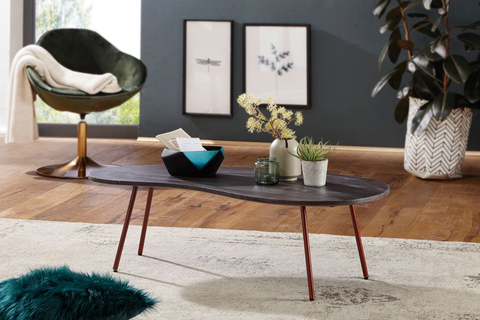 FineBuy Couchtisch Akazie Massivholz 122cm Wohnzimmertisch Retro Nierenform – Ansicht 4
