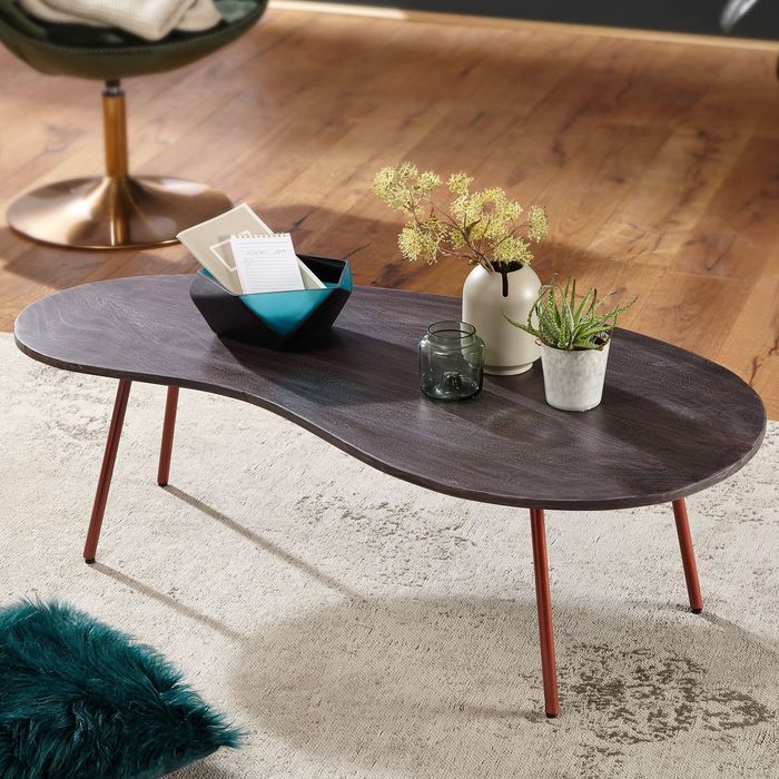 FineBuy Design Couchtisch 122 x 34,5 x 63 cm Akazie mit Metallbeinen Kupfer, Nierentisch Massivholz grau, Holztisch Tischbeine Metall, Cooler Massivholztisch, Tisch flach modern 4250950286016