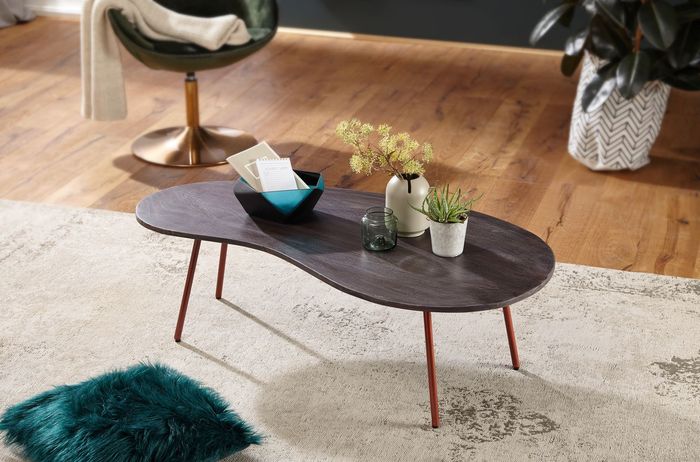 FineBuy Design Couchtisch 122 x 34,5 x 63 cm Akazie mit Metallbeinen Kupfer, Nierentisch Massivholz grau, Holztisch Tischbeine Metall, Cooler Massivholztisch, Tisch flach modern 4250950286016