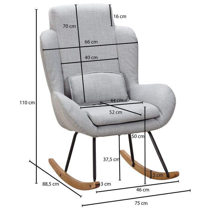 FineBuy Schaukelstuhl CAPRI Relaxsessel Schwingsessel Stoff Schwingstuhl Polster – Maßzeichnung