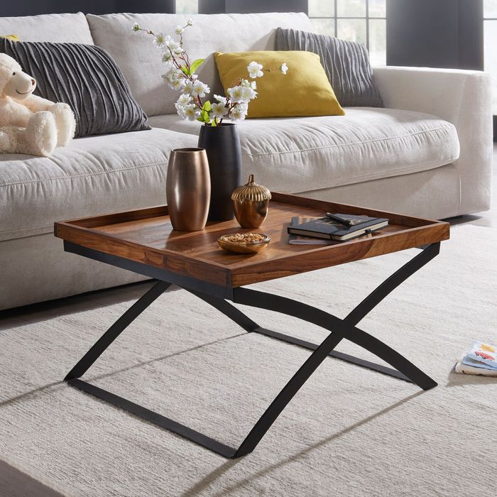 FineBuy Couchtisch FB50967 63x39x63cm Sheesham Massivholz / Metall Sofatisch, Design Wohnzimmertisch Industrial Style, Stubentisch braun / schwarz, Designer Kaffeetisch massiv, Tisch quadratisch 4250950286207
