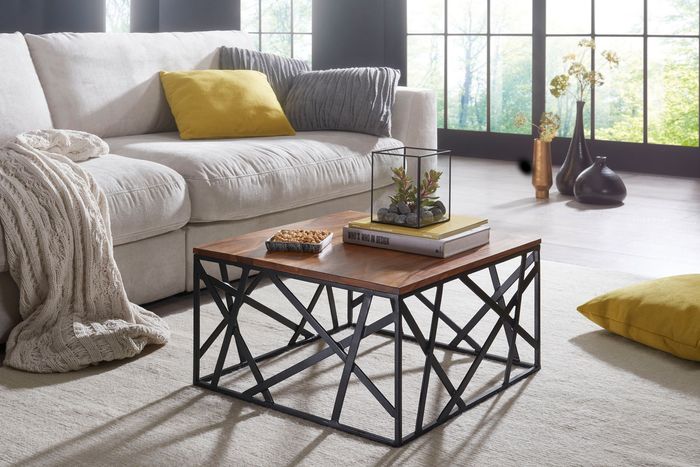 FineBuy Couchtisch BAKAL 60x35x60 cm Sheesham Massivholz / Metall Sofatisch, Design Wohnzimmertisch Industrial Style, Stubentisch braun / schwarz, Designer Kaffeetisch massiv, Tisch quadratisch 4250950286214