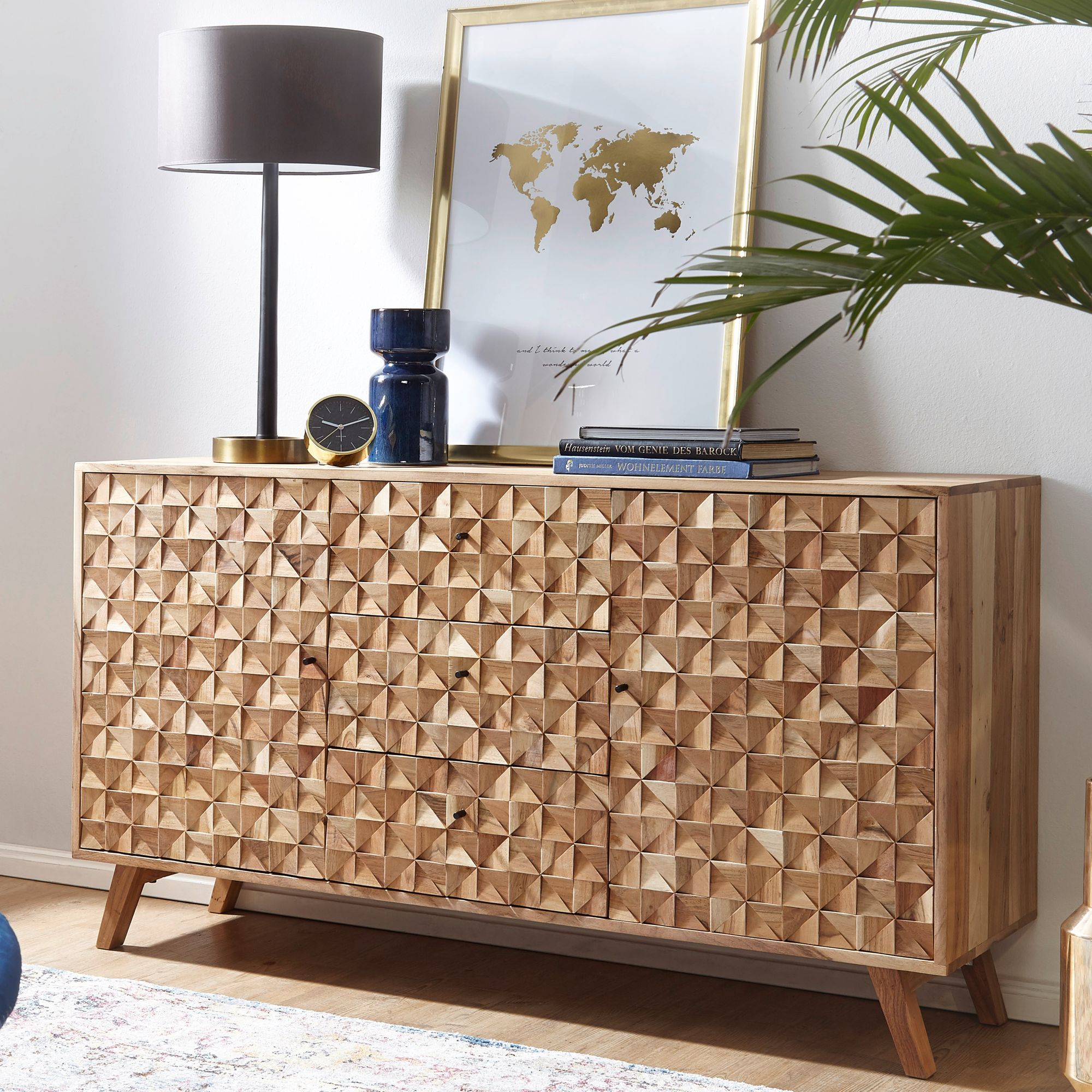 Massivholz Sideboard 140cm Akazie Natur Kommode mit 2 Türen & 3 Schubladen aufwendige Retro 3D Design Optik – Ansicht 1