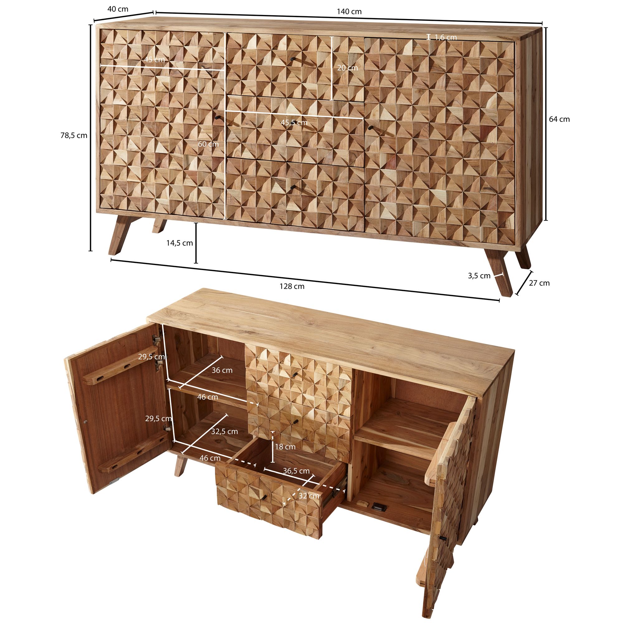 Massivholz Sideboard 140cm Akazie Natur Kommode mit 2 Türen & 3 Schubladen aufwendige Retro 3D Design Optik – Ansicht 3