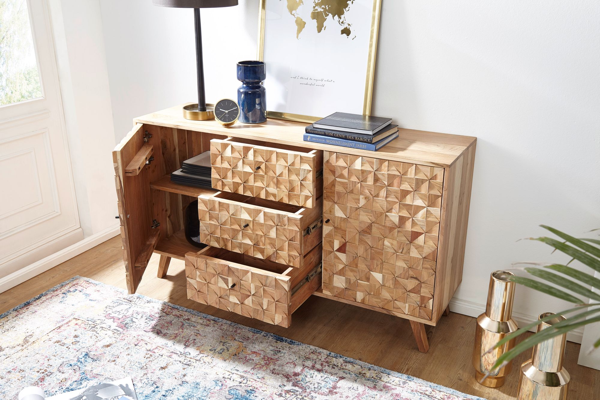 Massivholz Sideboard 140cm Akazie Natur Kommode mit 2 Türen & 3 Schubladen aufwendige Retro 3D Design Optik – Ansicht 2