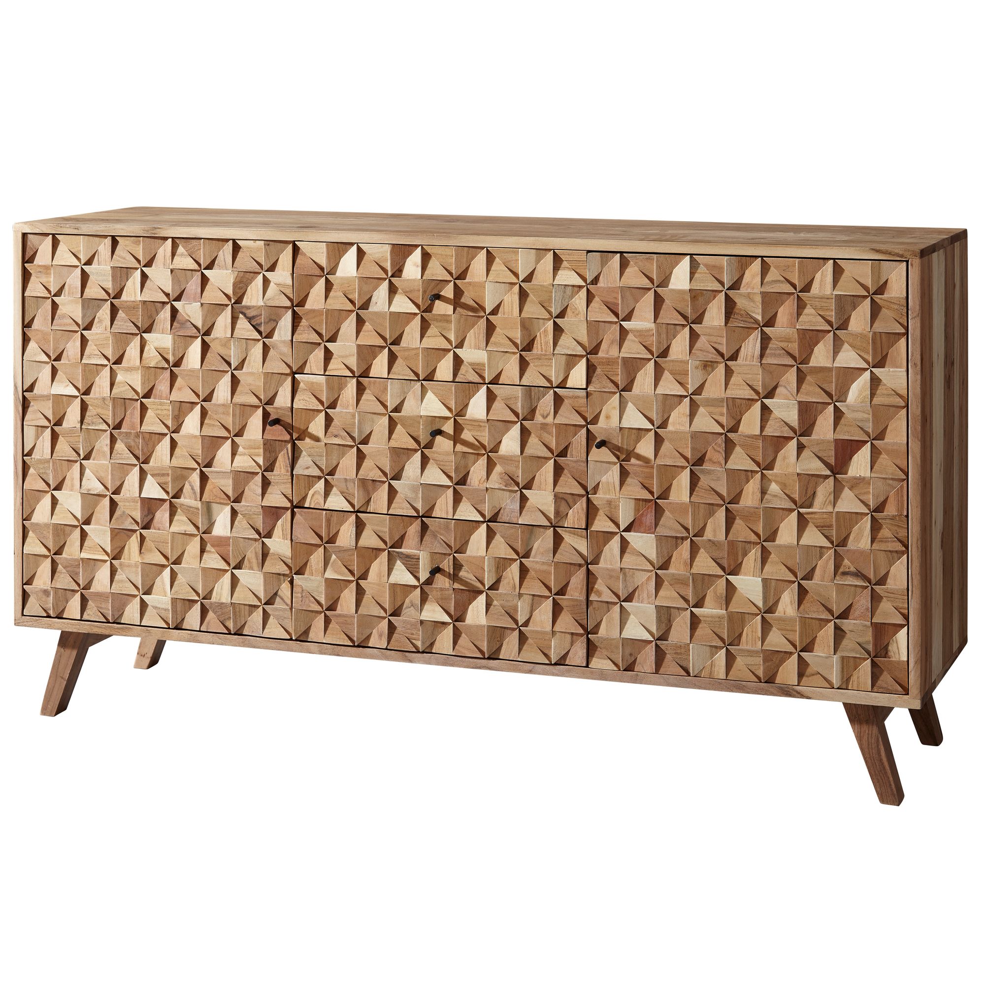 Massivholz Sideboard 140cm Akazie Natur Kommode mit 2 Türen & 3 Schubladen aufwendige Retro 3D Design Optik – Ansicht 6