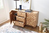 Massivholz Sideboard 140cm Akazie Natur Kommode mit 2 Türen & 3 Schubladen aufwendige Retro 3D Design Optik – Ansicht 2