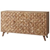 Massivholz Sideboard 140cm Akazie Natur Kommode mit 2 Türen & 3 Schubladen aufwendige Retro 3D Design Optik – Ansicht 6