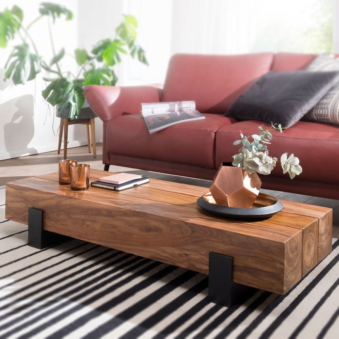 FineBuy Couchtisch 115x22x44 cm Sheesham Massivholz / Metall Sofatisch, Design Wohnzimmertisch Modern, Stubentisch Braun / Schwarz, Designer Kaffeetisch Massiv, Tisch Wohnzimmer Rechteckig 4250950286313