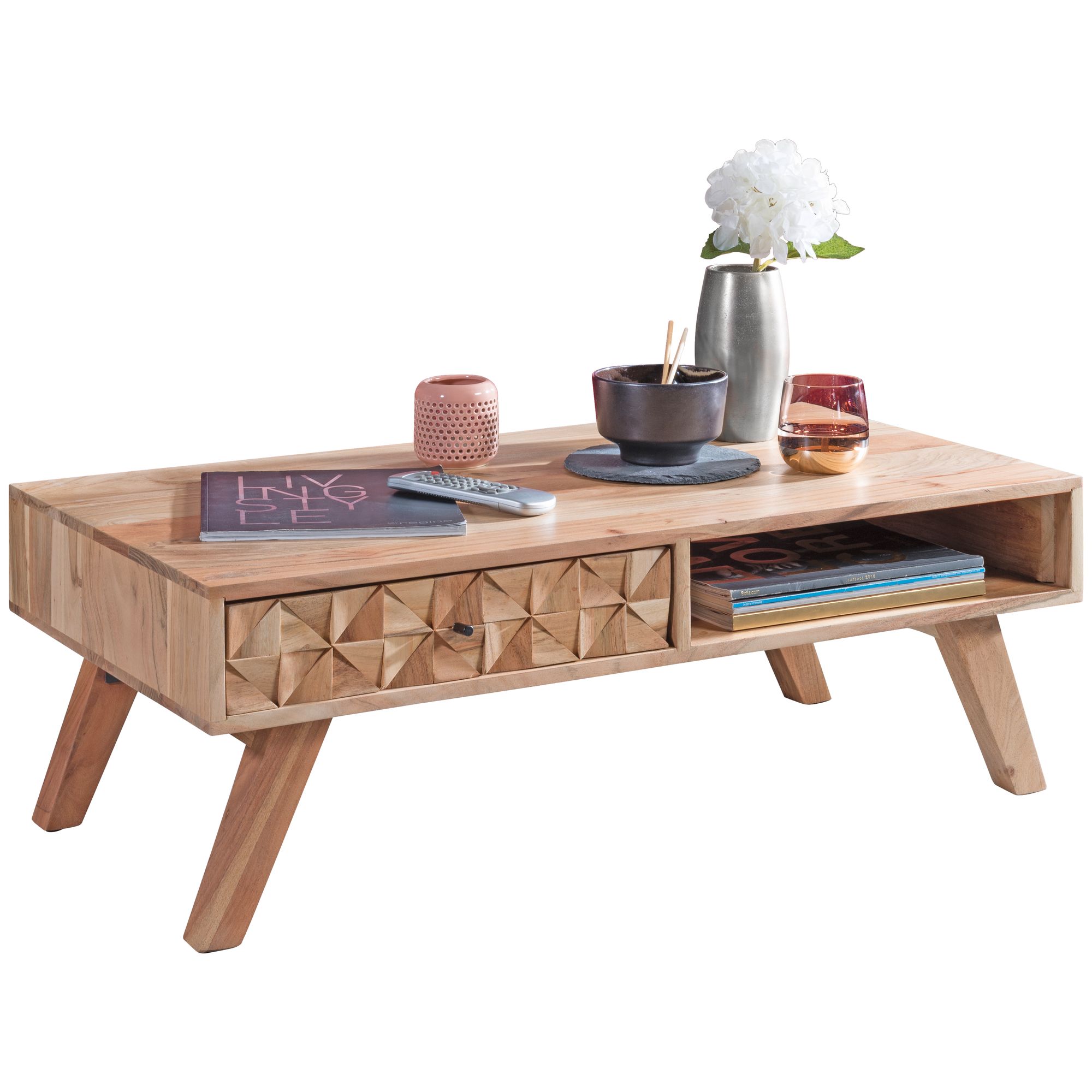 Couchtisch Akazie Massivholz 95cm Wohnzimmertisch Schublade Ablage Retro Design – Ansicht 6