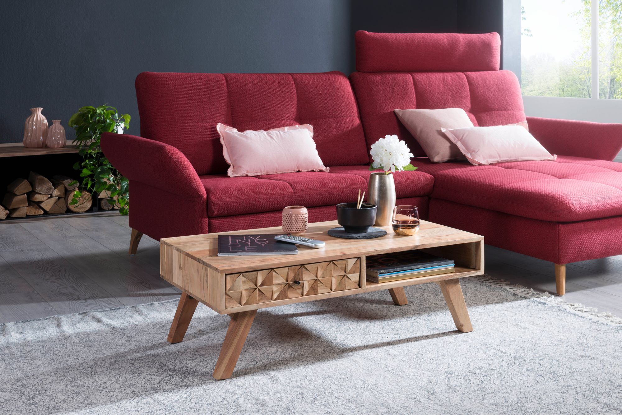 Couchtisch Akazie Massivholz 95cm Wohnzimmertisch Schublade Ablage Retro Design – Ansicht 2