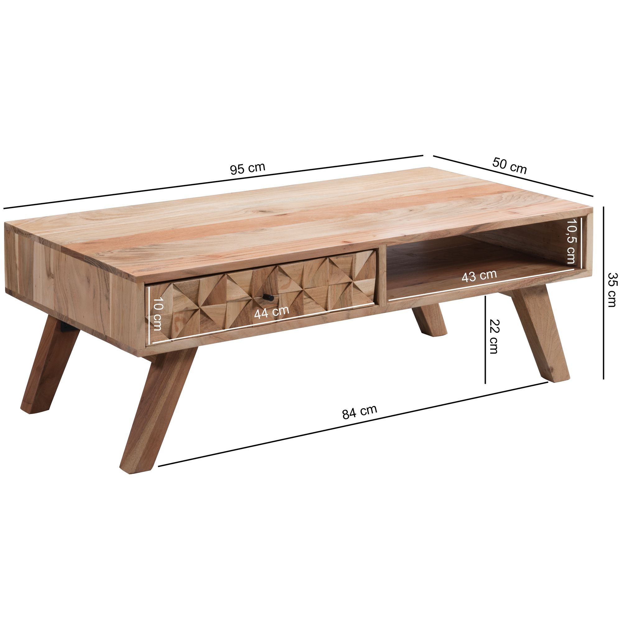 Couchtisch Akazie Massivholz 95cm Wohnzimmertisch Schublade Ablage Retro Design – Ansicht 3