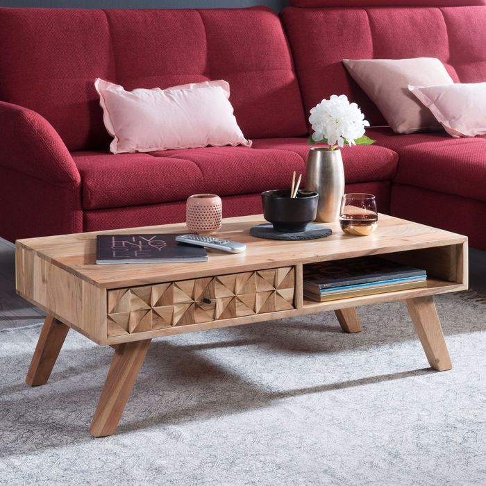 Couchtisch Akazie Massivholz 95cm Wohnzimmertisch Schublade Ablage Retro Design