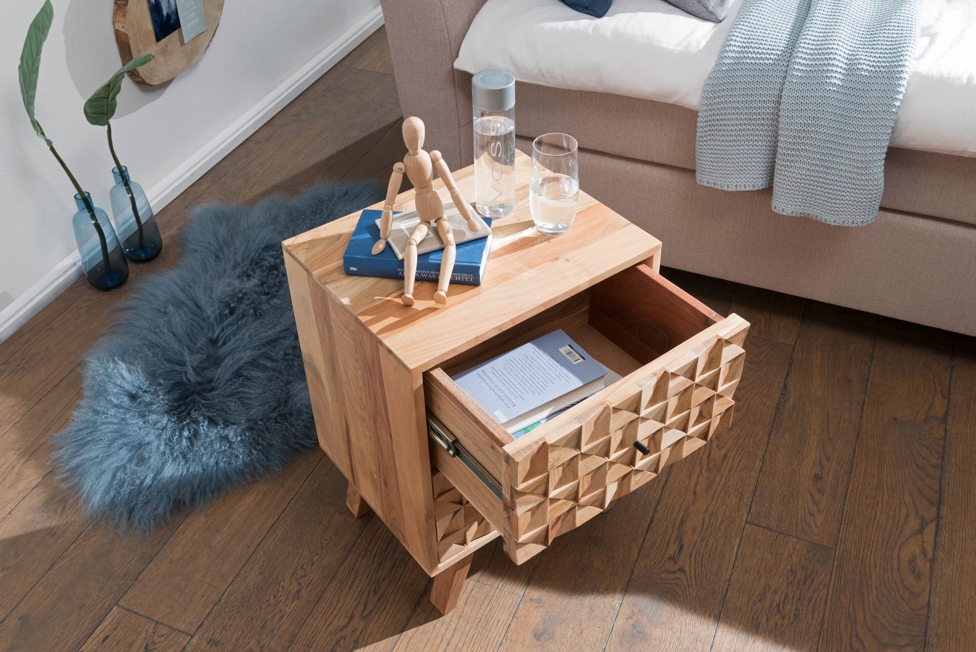 Nachttisch Akazie Massiv Nachtkonsole Boxspringbett Nachtkästchen 2 Schubladen – Ansicht 2