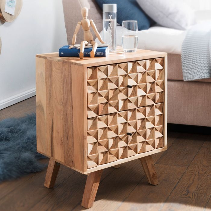 FineBuy Nachtkonsole REWA 44x61x35cm Akazie Massivholz Nachtschrank hoch, Nachtkommode Boxspringbett, Nachttisch Schubladen, Nachtkästchen Nachttischschrank