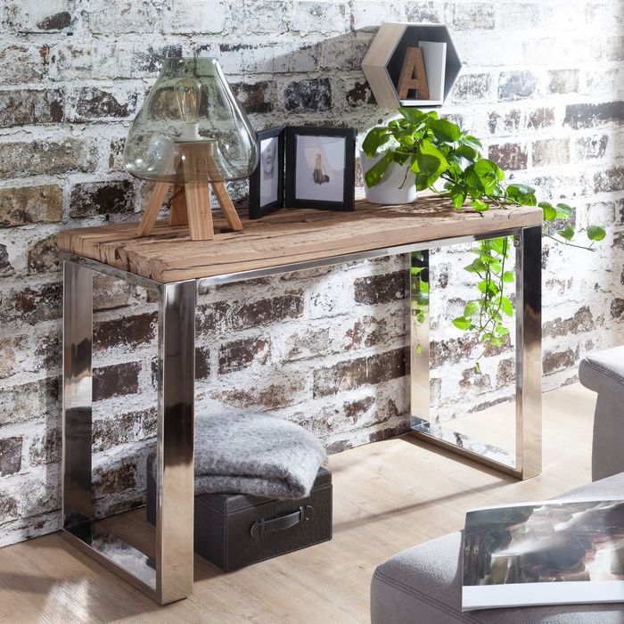 FineBuy Konsolentisch 115x76x46 cm Massiv-Holz Natur, Konsole rustikal Wohnzimmer, Anrichte Flur Diele Gang Schmal, Schminktisch Industrial Style, Echtholz Frisiertisch Schlafzimmer Hoch 4250950286368