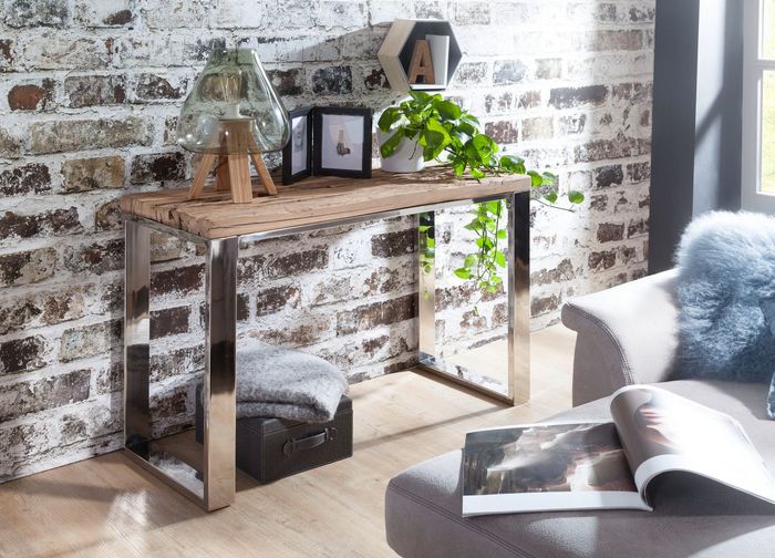 FineBuy Konsolentisch 115x76x46 cm Massiv-Holz Natur, Konsole rustikal Wohnzimmer, Anrichte Flur Diele Gang Schmal, Schminktisch Industrial Style, Echtholz Frisiertisch Schlafzimmer Hoch 4250950286368