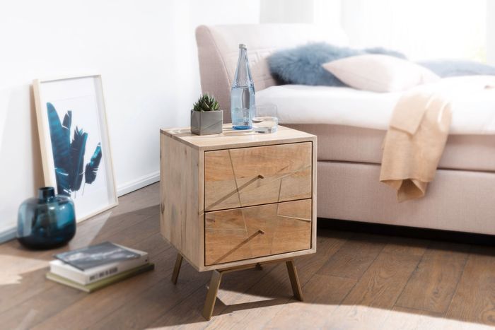FineBuy Nachtkonsole SIKAR 40x56x40cm Mango Massivholz Nachtschrank hoch, Landhaus Nachtkommode Boxspringbett, Nachttisch mit Schubladen, Nachtkästchen Nachttischschrank Holz, Beistelltisch massiv 4250950286382