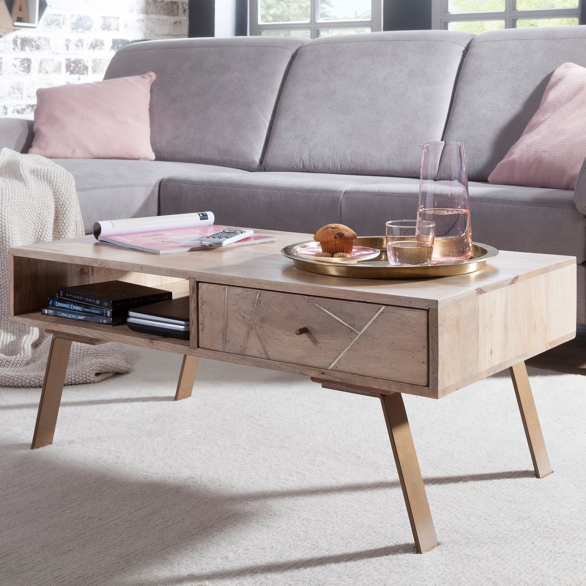 Couchtisch Massivholz rechteckig 95cm Wohnzimmertisch Schublade & Ablagefach – Ansicht 1