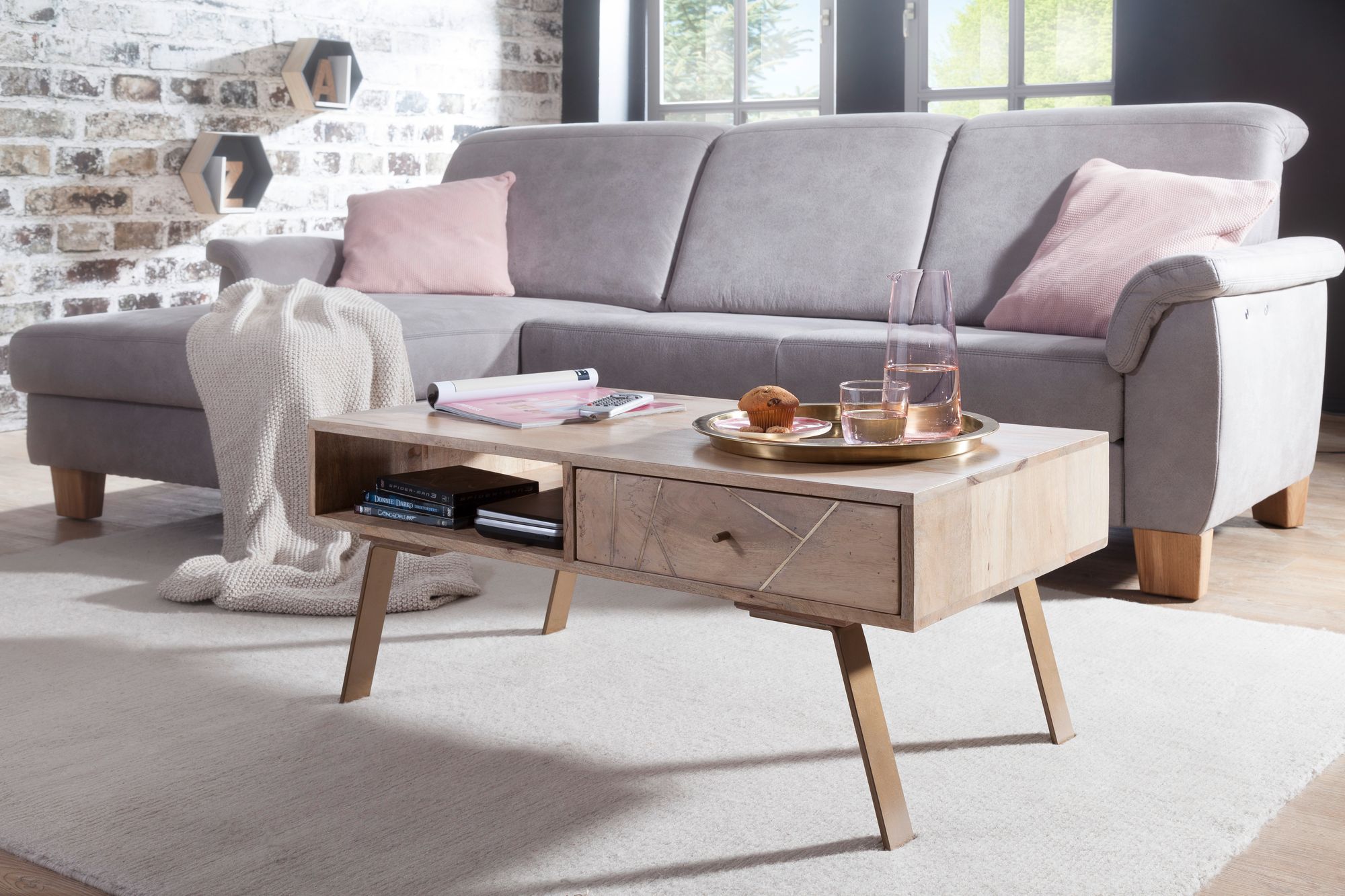 Couchtisch Massivholz rechteckig 95cm Wohnzimmertisch Schublade & Ablagefach – Ansicht 2