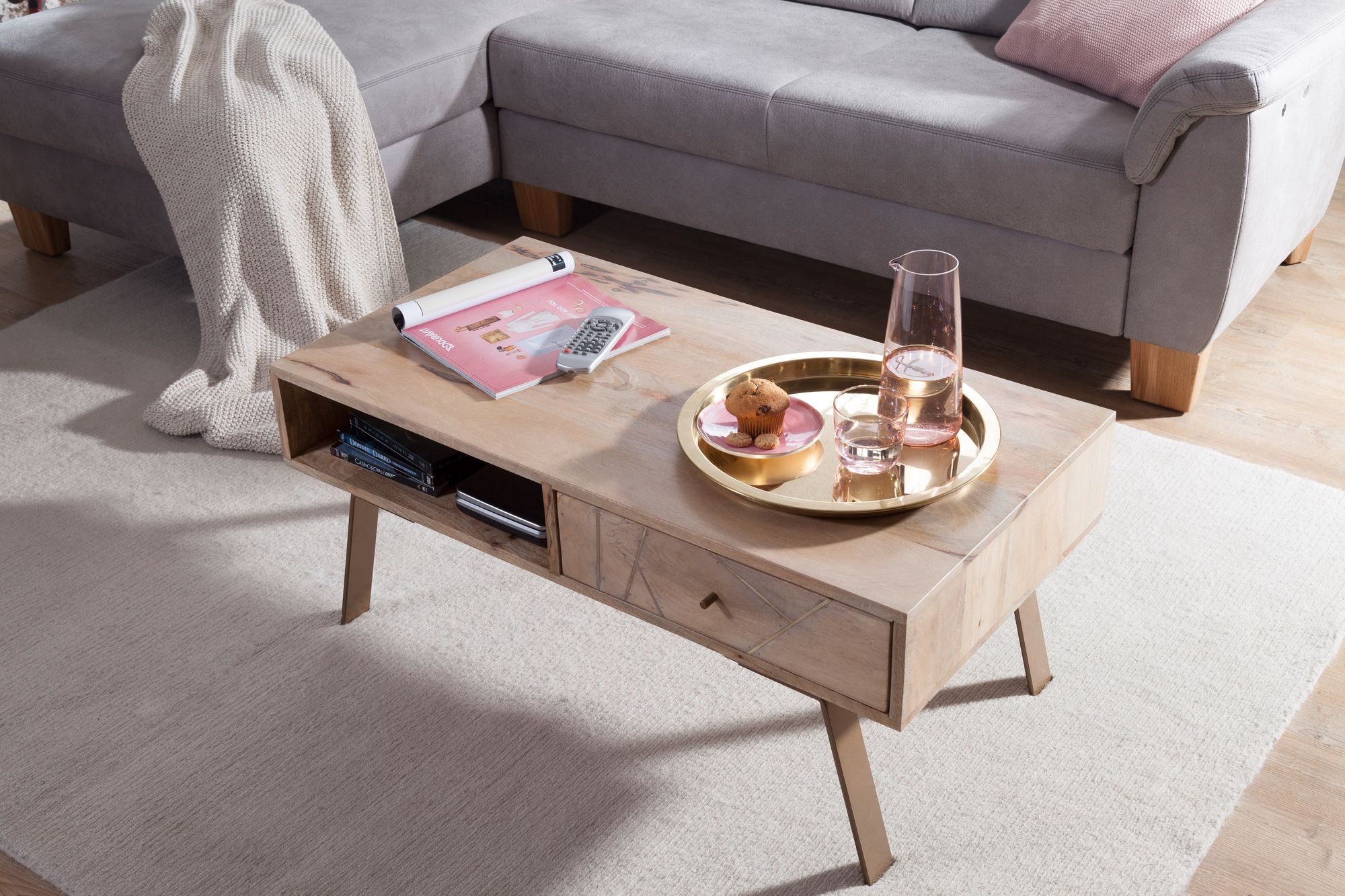 Couchtisch Massivholz rechteckig 95cm Wohnzimmertisch Schublade & Ablagefach – Ansicht 4