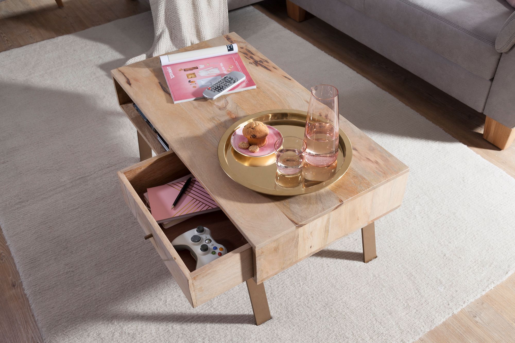 Couchtisch Massivholz rechteckig 95cm Wohnzimmertisch Schublade & Ablagefach – Ansicht 5