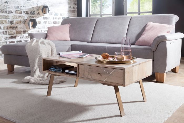 FineBuy Couchtisch SIKAR 95x42x50 cm Mango Massivholz / Metall Sofatisch, Design Wohnzimmertisch mit Schublade, Stubentisch Landhaus braun, Designer Holztisch Kaffeetisch massiv, Tisch Wohnzimmer 4250950286436