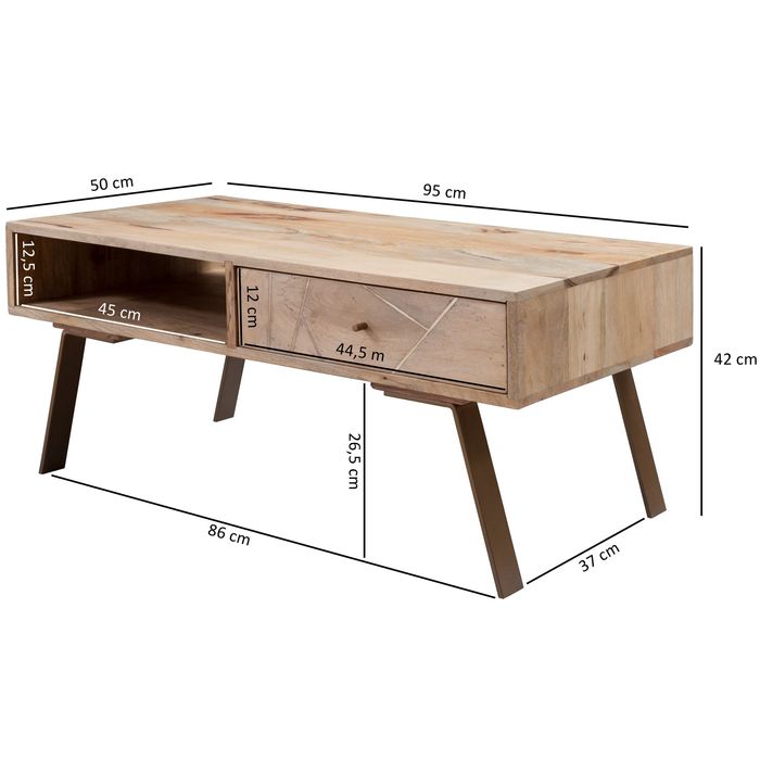 Couchtisch Massivholz rechteckig 95cm Wohnzimmertisch Schublade & Ablagefach – Maßzeichnung