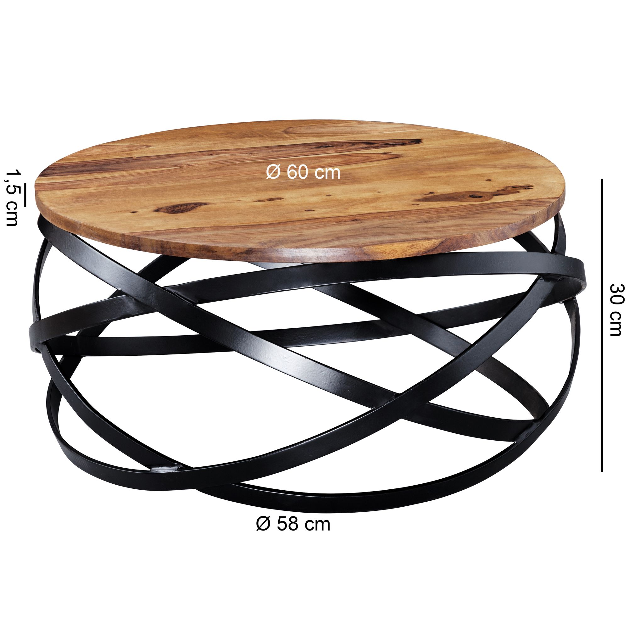 FineBuy Couchtisch MANUR Sheesham Massivholz rund Ø 60 cm Wohnzimmertisch Metall – Ansicht 3