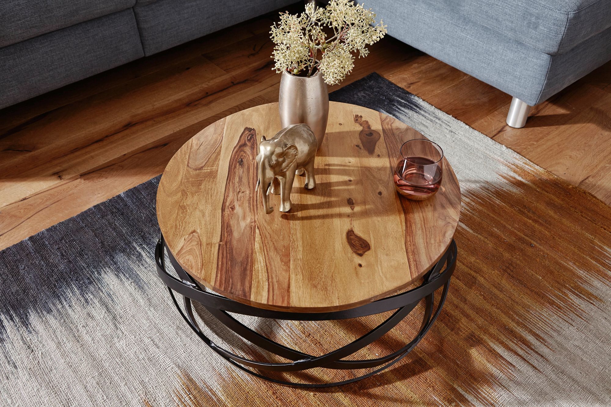 FineBuy Couchtisch MANUR Sheesham Massivholz rund Ø 60 cm Wohnzimmertisch Metall – Ansicht 4