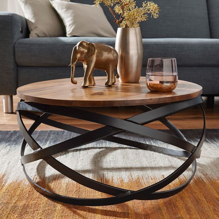 FineBuy Couchtisch MANUR Sheesham Massivholz rund Ø 60 cm Wohnzimmertisch Metall