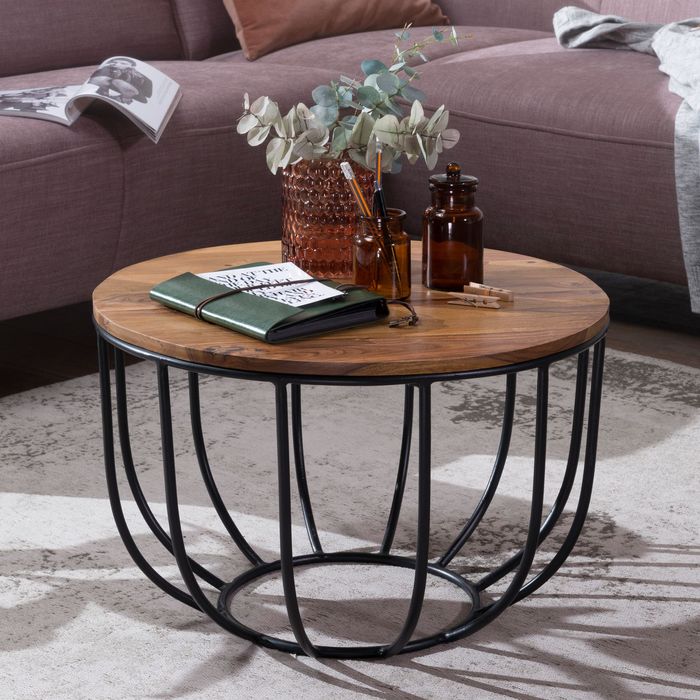 FineBuy Couchtisch FB51039 60x39x60cm Sheesham Massivholz / Metall Korbtisch, Design Sofatisch, Wohnzimmertisch rund, Stubentisch Industrial braun, Holztisch Kaffeetisch massiv, Tisch Wohnzimmer 4250950286467