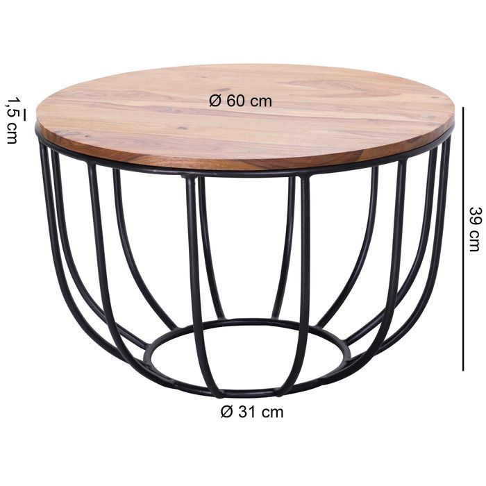 FineBuy Couchtisch Sheesham rund Ø 60 cm Wohnzimmertisch Metallgestell – Maßzeichnung