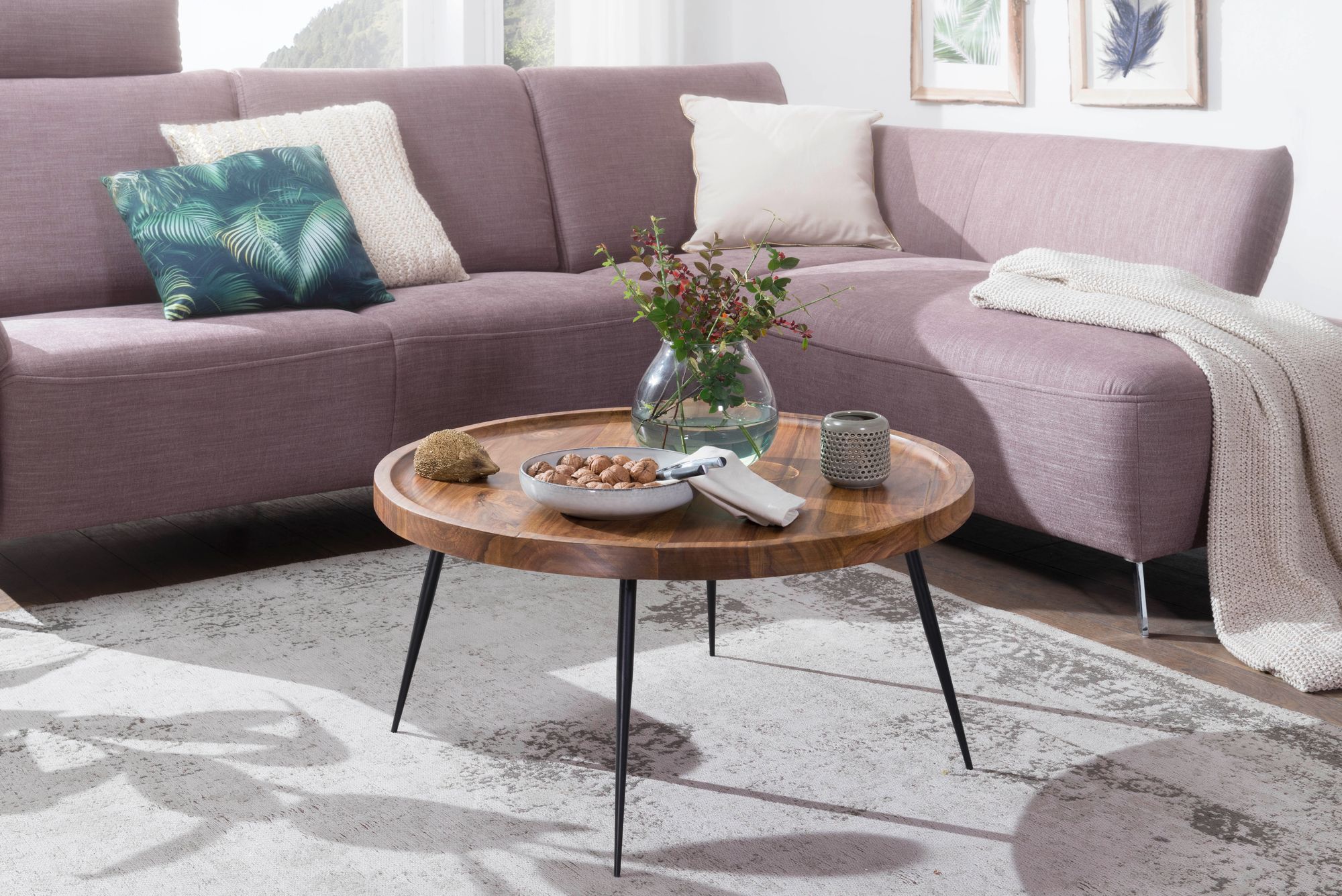 FineBuy Couchtisch Sheesham Massivholz rund Ø 75 cm Wohnzimmertisch Metall Retro – Ansicht 2