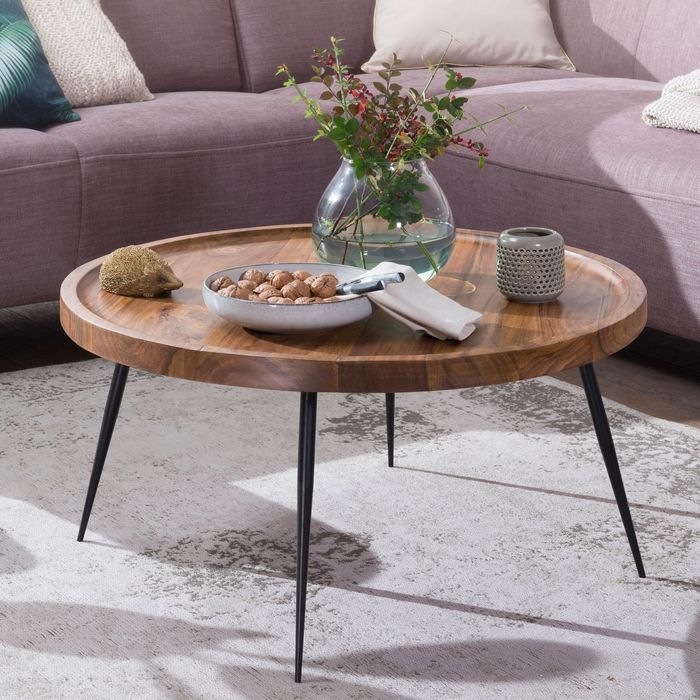 FineBuy Couchtisch Sheesham Massivholz rund Ø 75 cm Wohnzimmertisch Metall Retro
