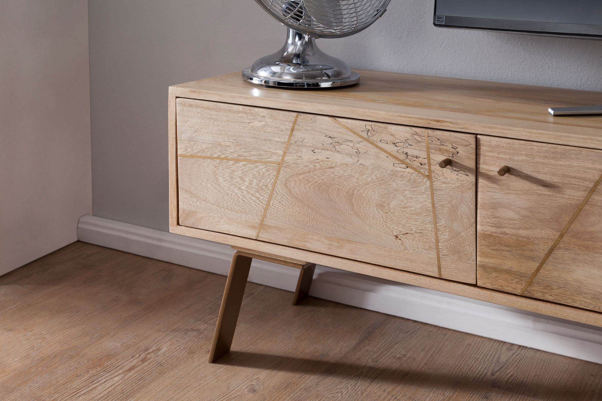 Massives TV-Board 145cm Mango Massivholz hell Fernsehschrank mit 2 Türen & Ablage Lowboard – Ansicht 7
