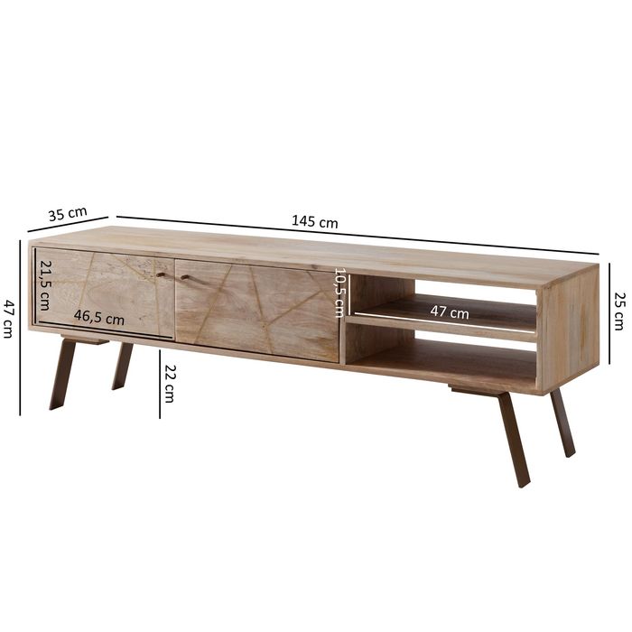 Massives TV-Board 145cm Mango Massivholz hell Fernsehschrank mit 2 Türen & Ablage Lowboard – Maßzeichnung