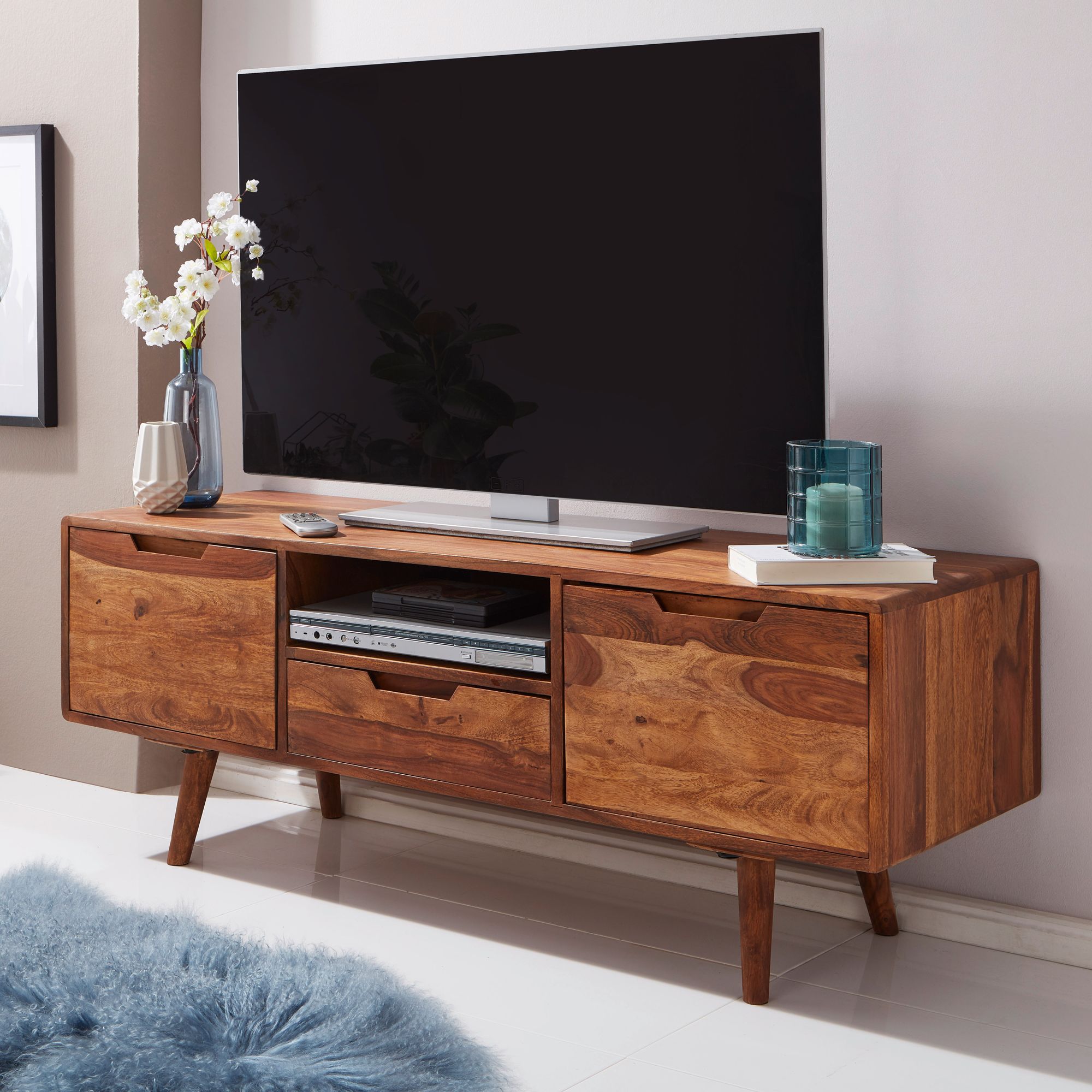 FineBuy TV Lowboard Holz Fernsehkommode Massiv Landhaus Fernsehschrank TV Bank – Ansicht 1