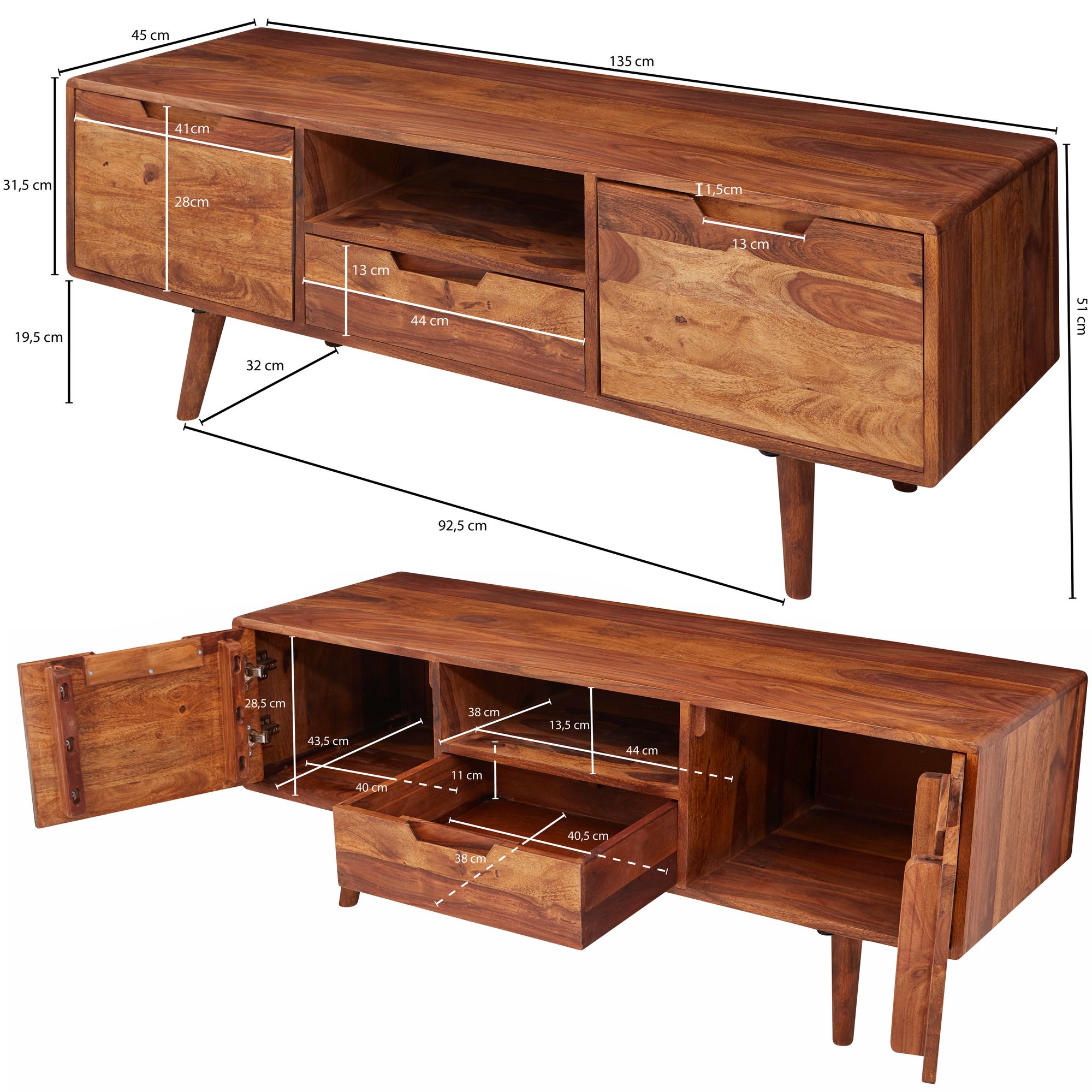FineBuy TV Lowboard Holz Fernsehkommode Massiv Landhaus Fernsehschrank TV Bank – Ansicht 3