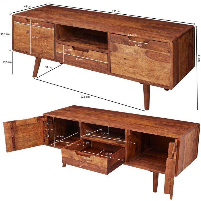FineBuy TV Lowboard Holz Fernsehkommode Massiv Landhaus Fernsehschrank TV Bank – Maßzeichnung