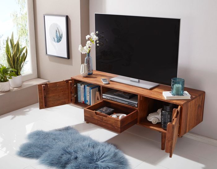 FineBuy HiFi Lowboard Sheesham Massivholz Landhaus TV Kommode 135x51x45cm, Fernsehschrank Unterschrank mit Schublade & 2 Türen, Fernsehtisch Ablagefach, Fernsehkommode TV Möbel 4250950286856