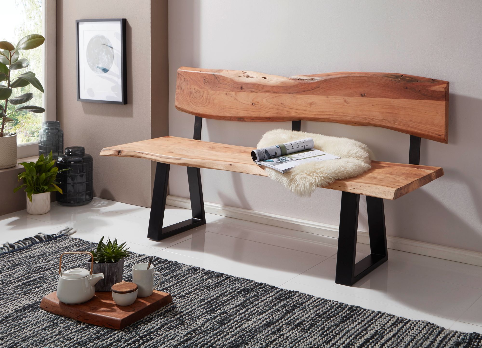 FineBuy Esszimmerbank 160cm Essbank mit Lehne Baumkante Sitzbank Bank Holz – Ansicht 2