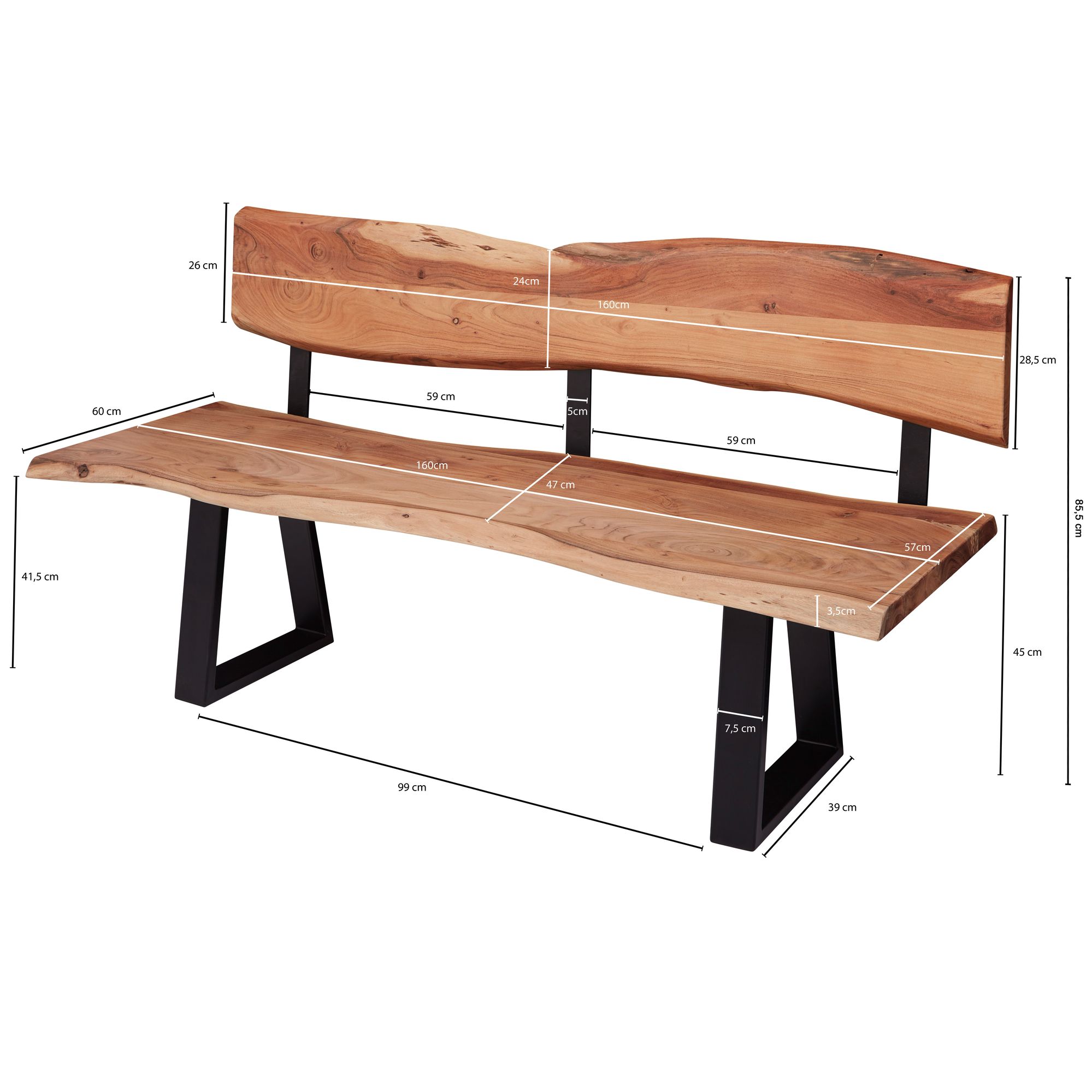 FineBuy Esszimmerbank 160cm Essbank mit Lehne Baumkante Sitzbank Bank Holz – Ansicht 3